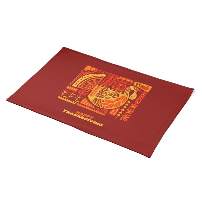 Happy Thanksgiving Geometric Abstract Orange Brown Cloth Placemat (On Table)