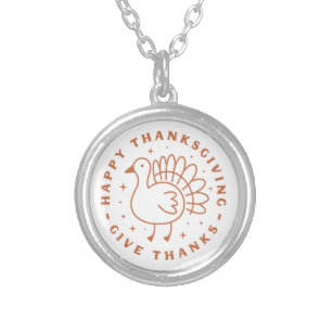 Happy thanksgiving give thanks cute turkey silver plated necklace