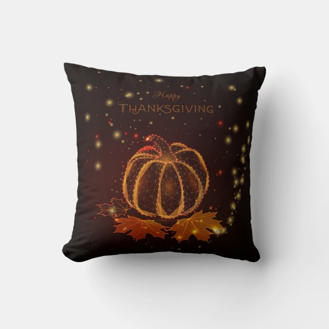 Happy Thanksgiving Glowing Pumpkin Autumn Leaves Throw Pillow (Front)