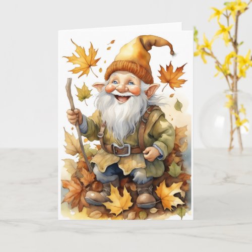 Happy Thanksgiving Gnome Fall Leaves Blank Card