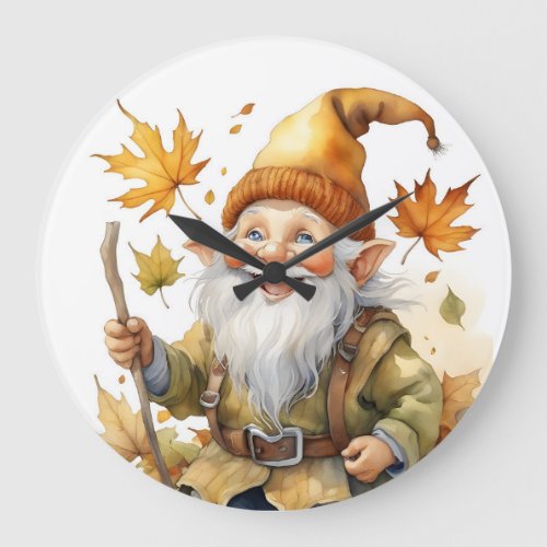 Happy Thanksgiving Gnome Fall Leaves  Large Clock