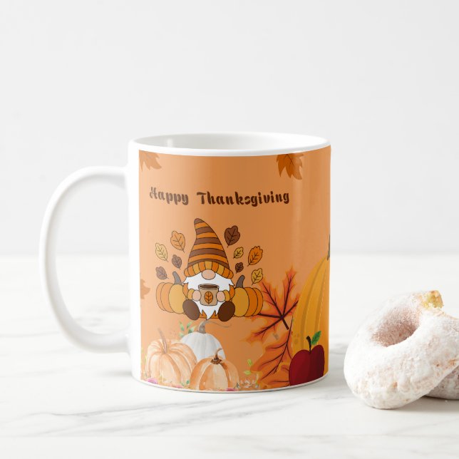 Happy Thanksgiving Gnome Pumpkin Art Coffee Mug (With Donut)