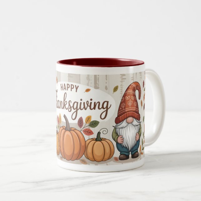 Happy Thanksgiving Gnomes and Pumpkins Autumn Fall Two-Tone Coffee Mug (Front Right)