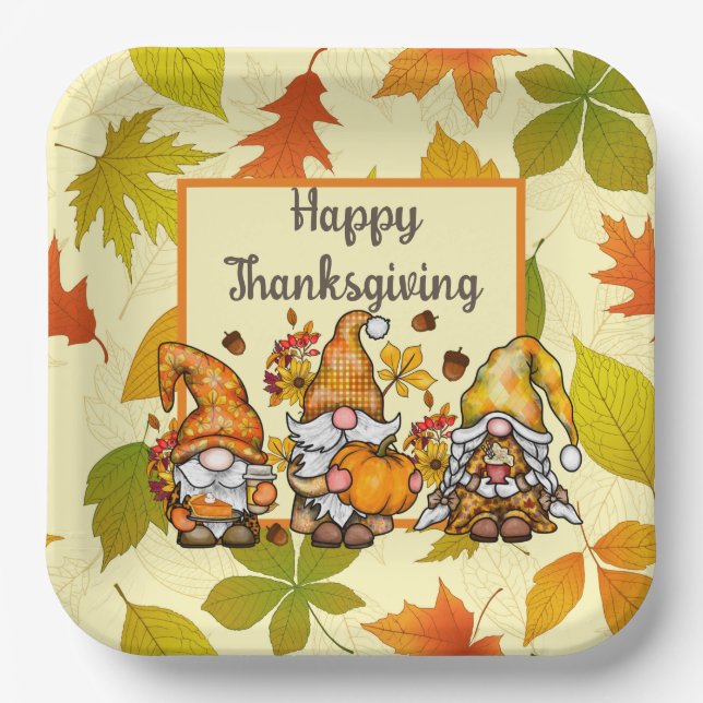 Happy Thanksgiving Gnomes Paper Plates (Front)
