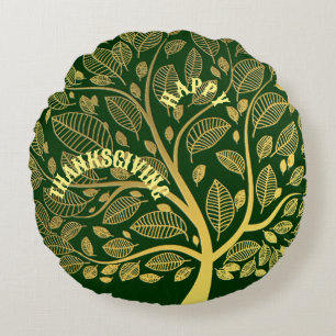 Happy Thanksgiving Gold Tree Of Life Greenery Cute Round Pillow