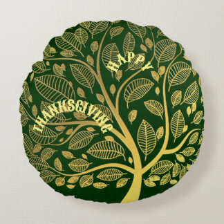 Happy Thanksgiving Gold Tree Of Life Greenery Cute Round Pillow