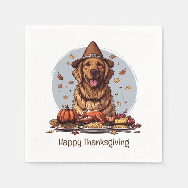 Happy Thanksgiving Golden Retriever Dog Napkins (Front)