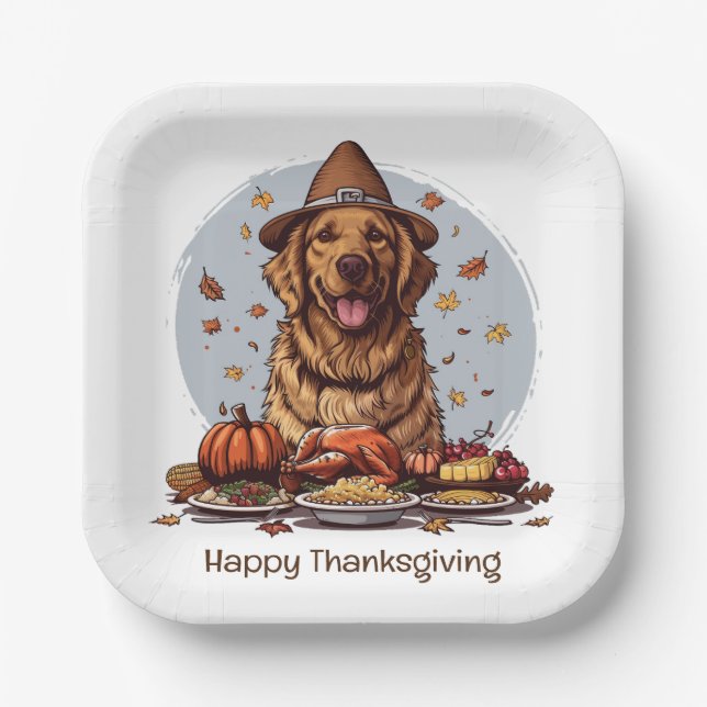 Happy Thanksgiving Golden Retriever Dog Paper Plates (Front)