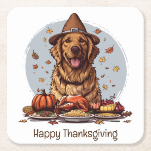 Happy Thanksgiving Golden Retriever Dog Square Paper Coaster