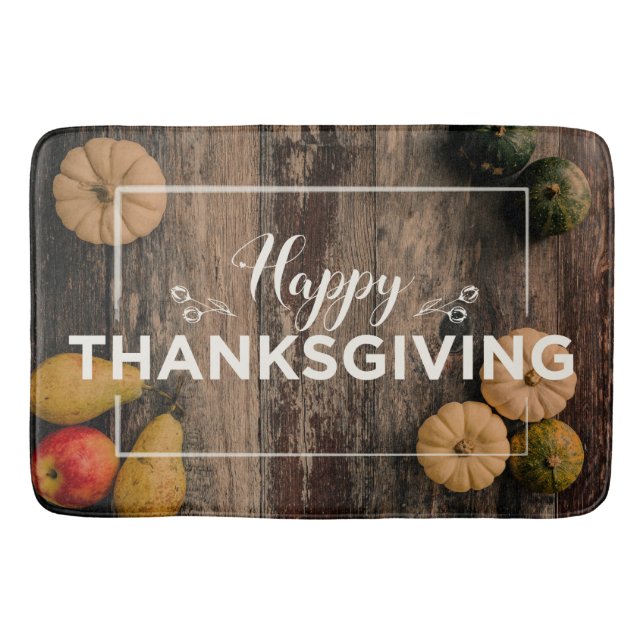 Happy Thanksgiving Gourds on Rustic Wood Bath Mat (Front)