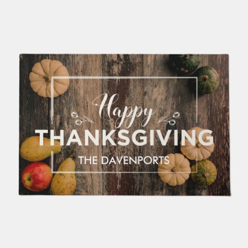 Happy Thanksgiving Gourds on Rustic Wood Doormat