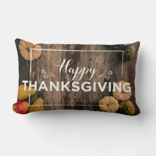 Happy Thanksgiving Gourds on Rustic Wood Lumbar Pillow