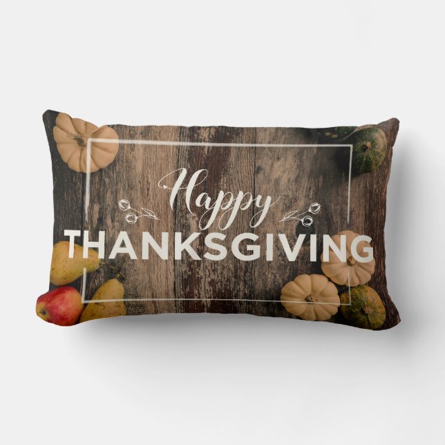 Happy Thanksgiving Gourds on Rustic Wood Lumbar Pillow (Front)