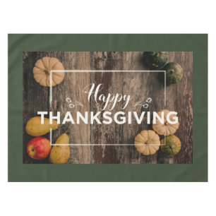 Happy Thanksgiving Gourds on Rustic Wood Tablecloth