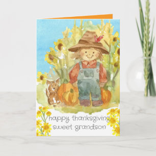 Happy Thanksgiving Grandson Farmer Boy Puppy Dog Card