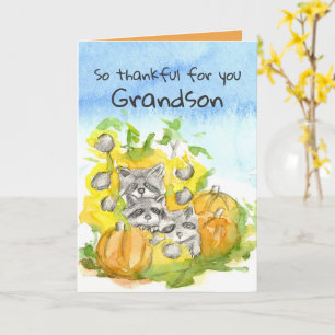 Happy Thanksgiving Grandson Raccoon Woodland  Card