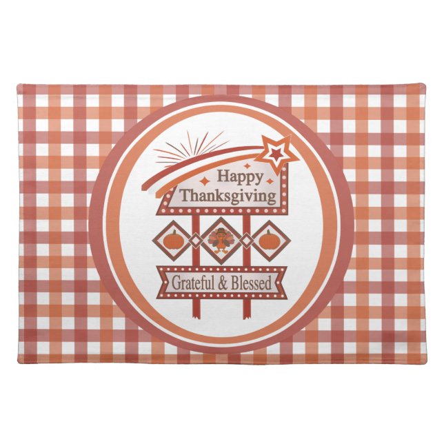 Happy Thanksgiving Grateful & Blessed Retro Sign Cloth Placemat (Front)