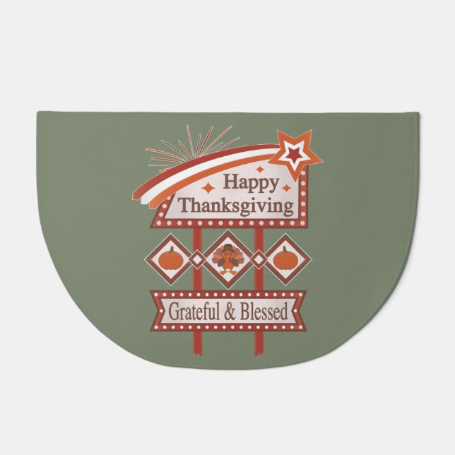 Happy Thanksgiving Grateful & Blessed Retro Sign Doormat (Front)