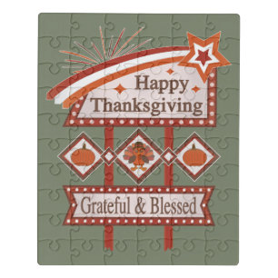 Happy Thanksgiving Grateful & Blessed Retro Sign Jigsaw Puzzle