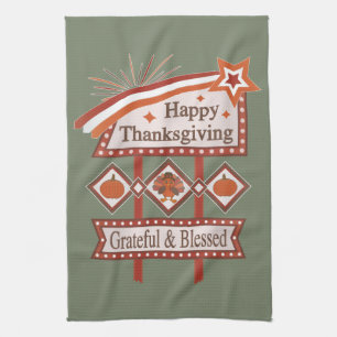 Happy Thanksgiving Grateful & Blessed Retro Sign Kitchen Towel