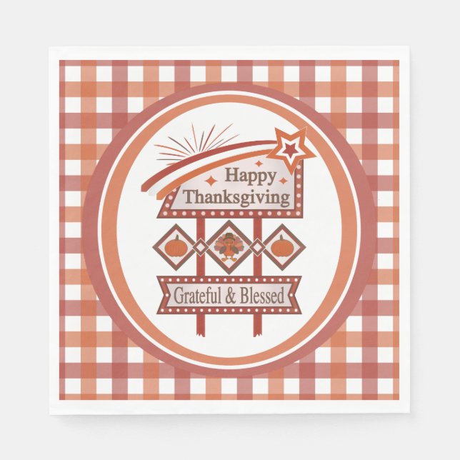 Happy Thanksgiving Grateful & Blessed Retro Sign Napkins (Front)