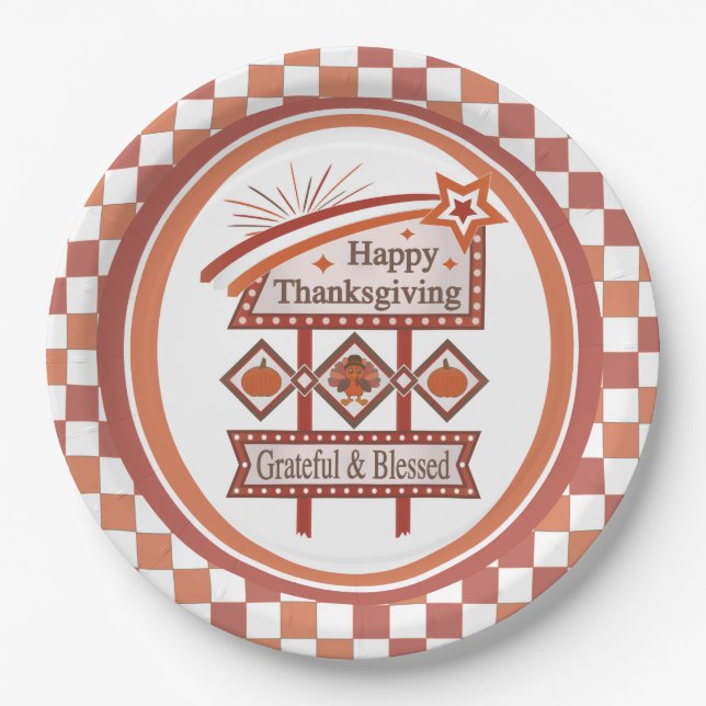 Happy Thanksgiving Grateful & Blessed Retro Sign Paper Plates (Front)