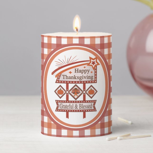 Happy Thanksgiving Grateful & Blessed Retro Sign Pillar Candle (In Situ)
