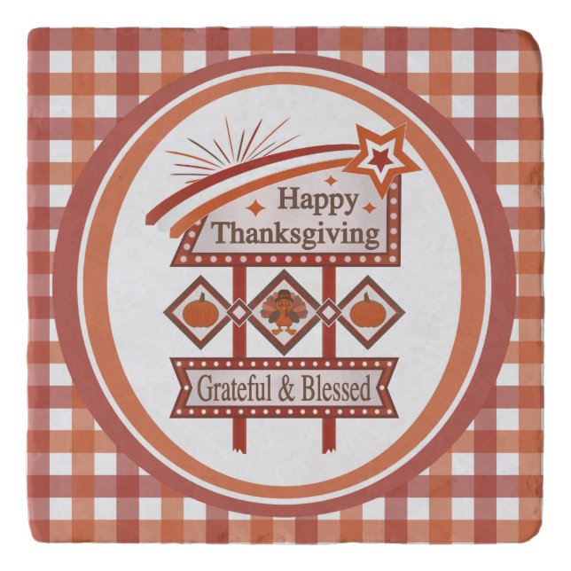 Happy Thanksgiving Grateful & Blessed Retro Sign Trivet (Front)