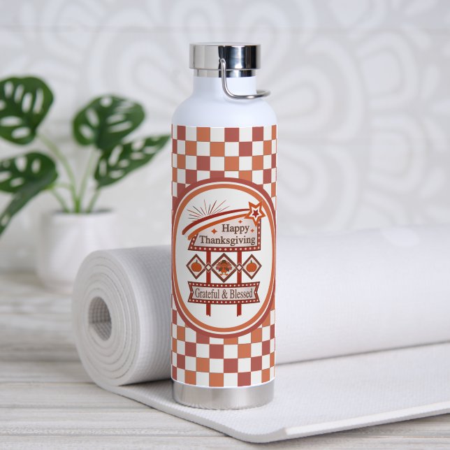 Happy Thanksgiving Grateful & Blessed Retro Sign Water Bottle (Yoga (Rotated))