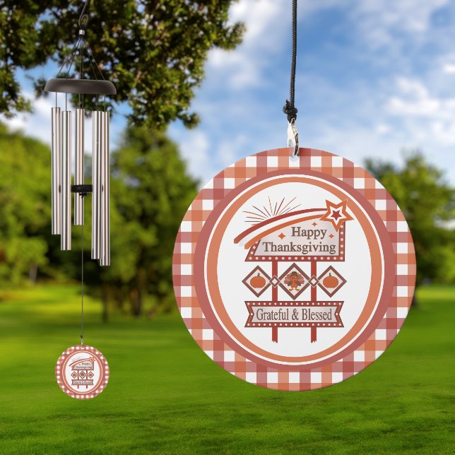 Happy Thanksgiving Grateful & Blessed Retro Sign Wind Chime (Outdoor)