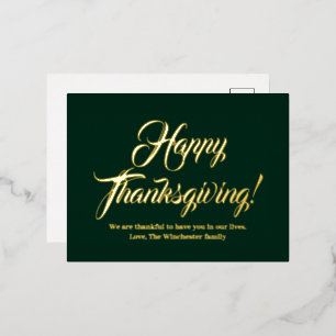 Happy Thanksgiving green custom script elegant Foil Holiday Postcard