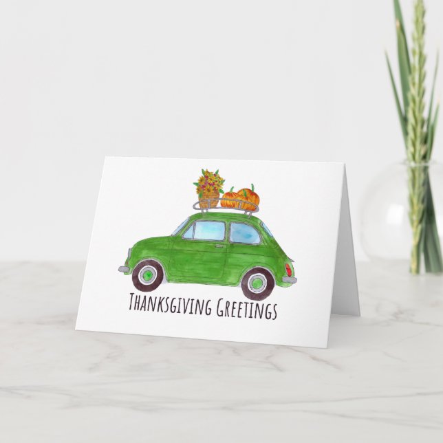 Happy Thanksgiving green Retro Fiat 500 Card (Front)