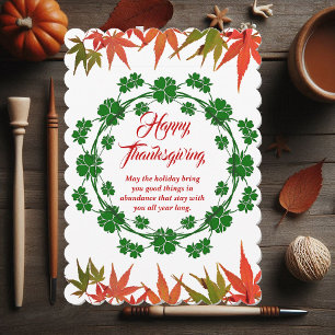 Happy Thanksgiving Green Wreath Maple Leaves Holiday Card