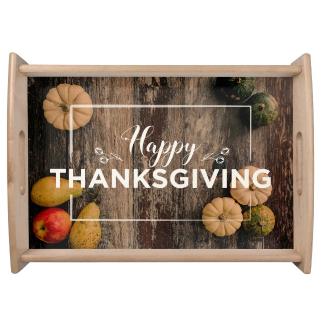 Happy Thanksgiving greeting with pumpkins Serving Tray (Front)