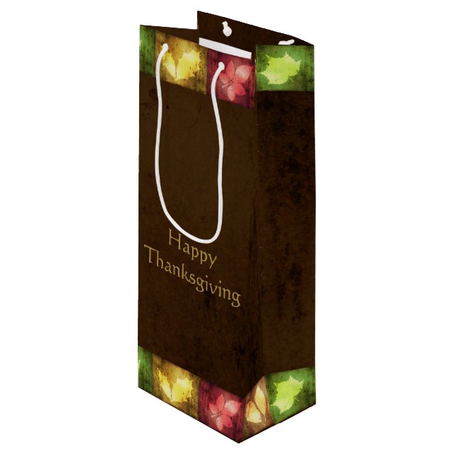 Happy Thanksgiving Grunge Leaves Wine Gift Bag (Front Angled)