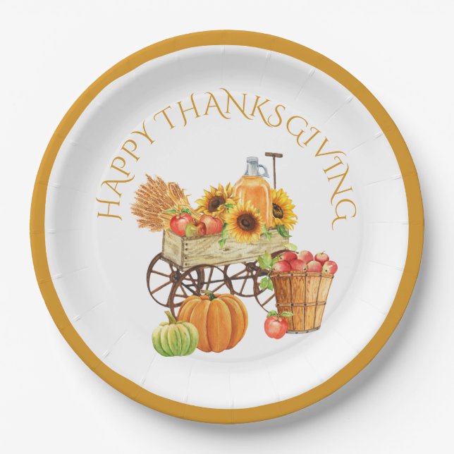 Happy Thanksgiving Harvest Flowers and Produce Paper Plates (Front)