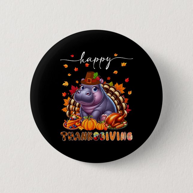Happy Thanksgiving Hippo Costume Turkey Fall Leave Button (Front)