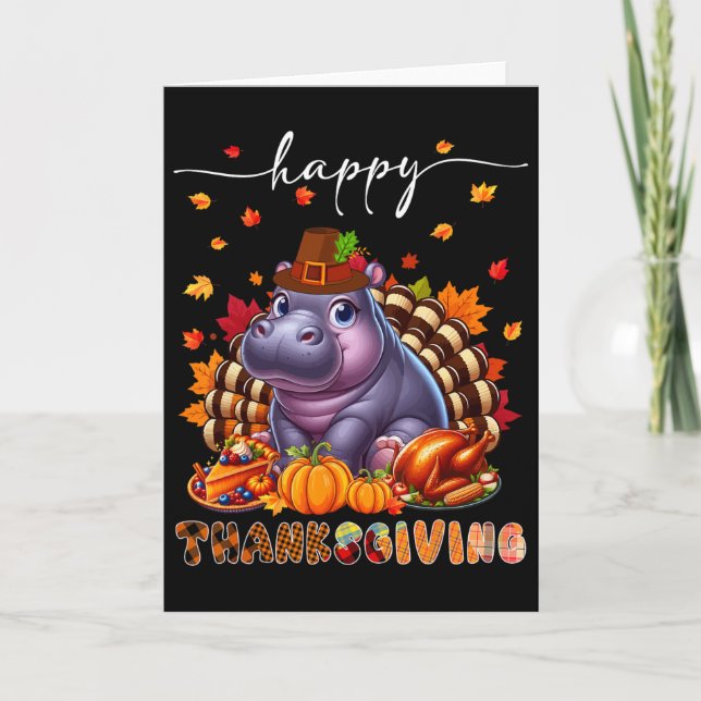 Happy Thanksgiving Hippo Costume Turkey Fall Leave Card (Front)