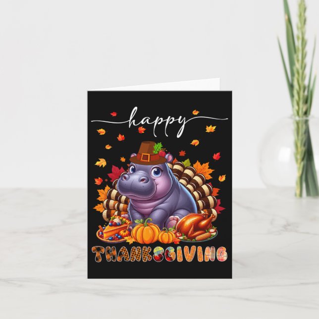 Happy Thanksgiving Hippo Costume Turkey Fall Leave Card (Front)