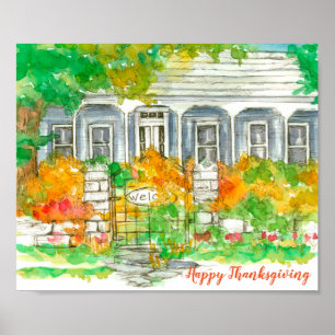 Happy Thanksgiving House Autumn Leaves Poster