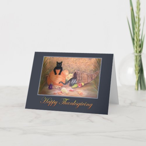 Happy Thanksgiving Kitties pumpkin  cornucopia Holiday Card