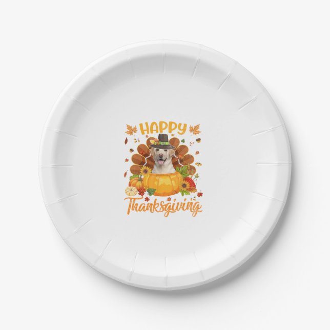Happy Thanksgiving Labrador Dog Turkey Pumpkin Lon Paper Plates (Front)
