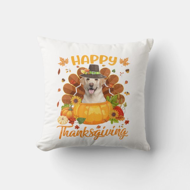 Happy Thanksgiving Labrador Dog Turkey Pumpkin Lon Throw Pillow (Front)