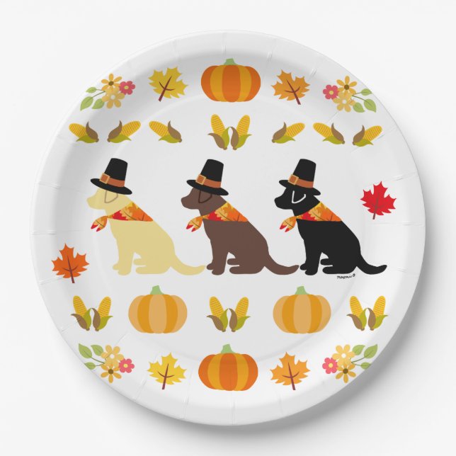 Happy Thanksgiving Labrador Silhouette White Paper Plates (Front)