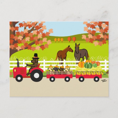 Happy Thanksgiving Labradors and Tractor Postcard