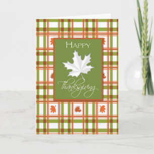 Happy Thanksgiving, Leaf on Plaid Holiday Card