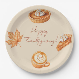 Happy Thanksgiving Leaves Cream Pumpkin Pie Paper Plates