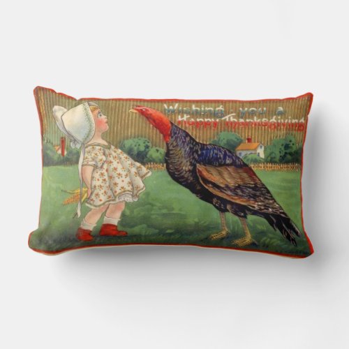 Happy Thanksgiving Little Girl and Turkey Vintage Lumbar Pillow