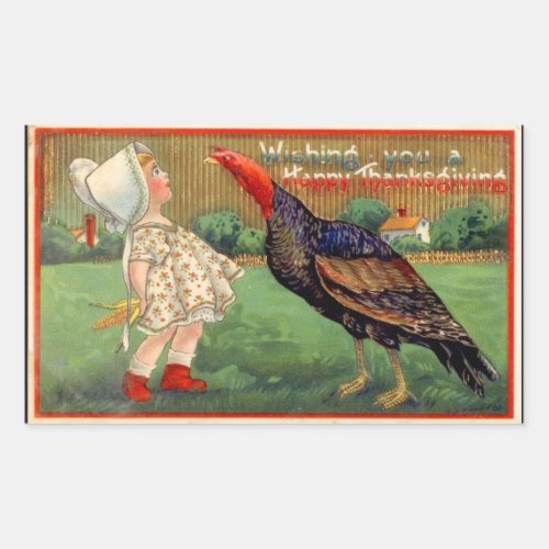 Happy Thanksgiving Little Girl and Turkey Vintage Rectangular Sticker