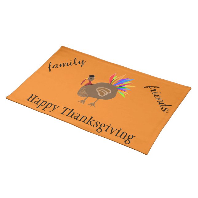 Happy Thanksgiving Male Turkey Black Hat Cloth Placemat (On Table)